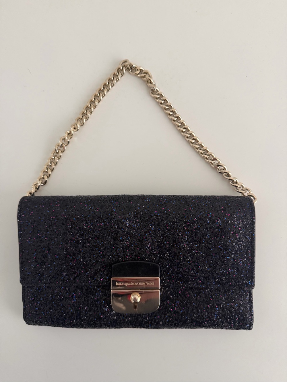 kate spade Black Glitter Wristlet with Gold Chain